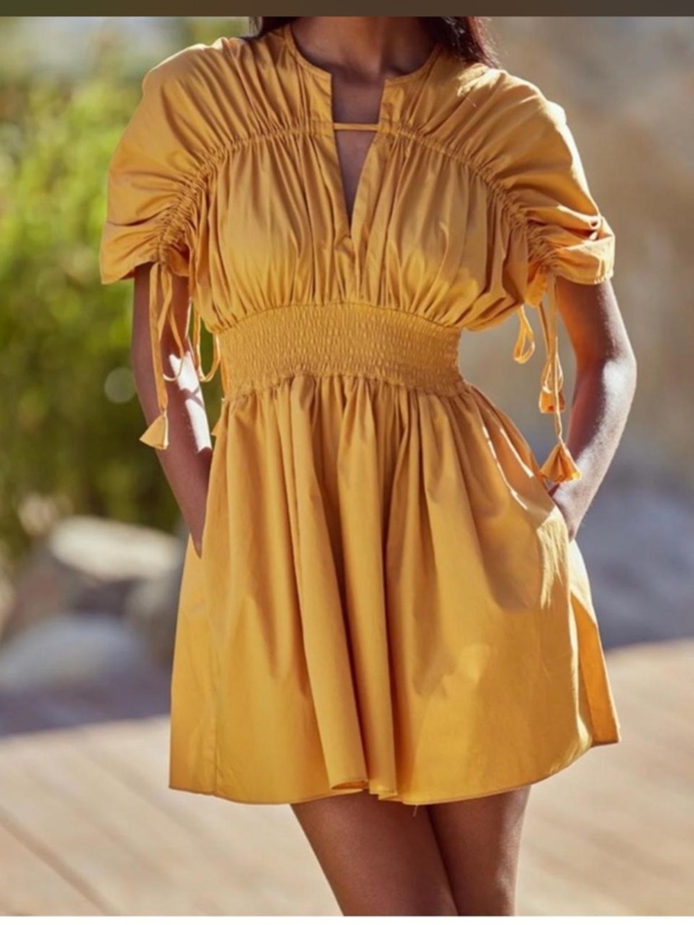 NWT $345 MISA Los Angeles Camila 100% Cotton Shirred Mini Dress Gold - M